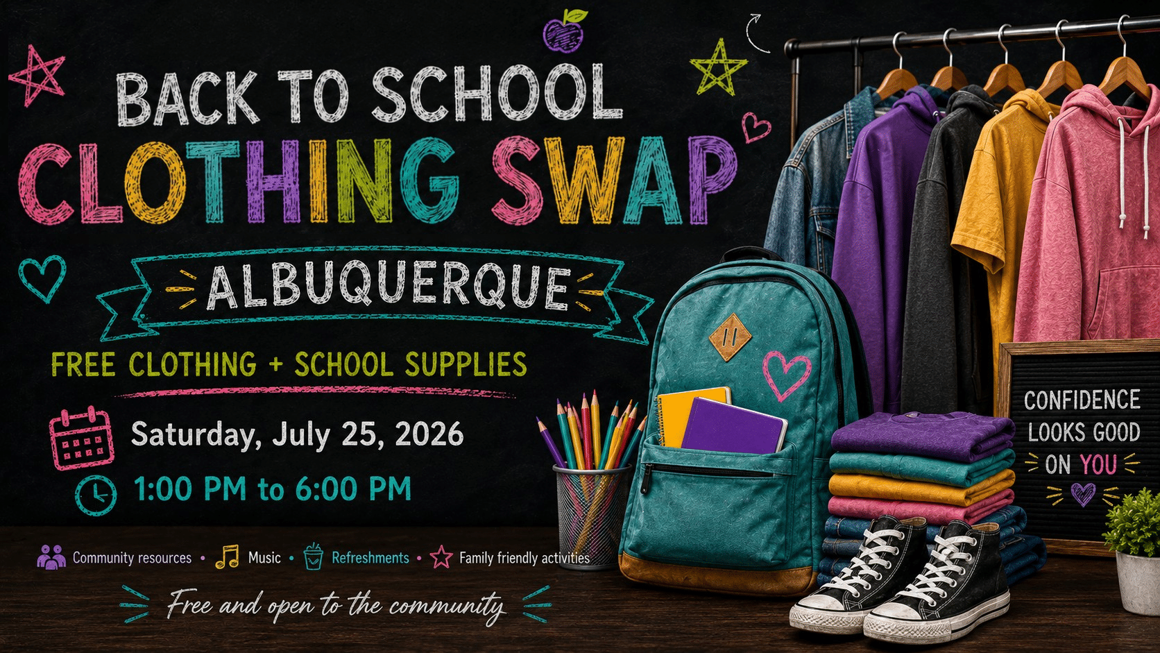 Albuquerque Back to School Clothing Swap with free clothing and school supplies from Faith Works Counseling
